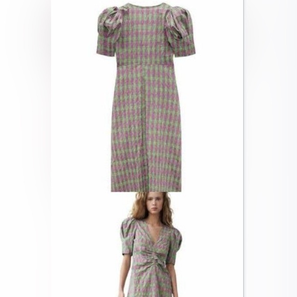 Zara Purple Plaid Puff Sleeve Midi Green/Pink Ruched Front Sz L - Picture 5 of 6